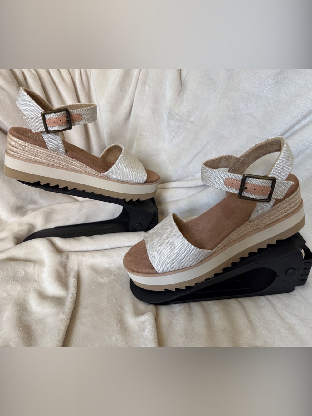 Toms Cream and Tan Espadrille Platform Slingback Sandals